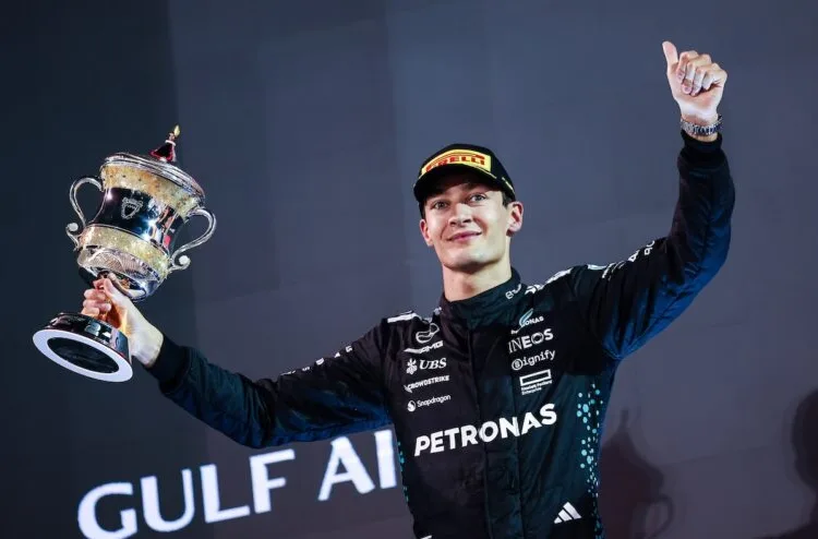 RUSSELL George (gbr), Mercedes AMG F1 Team W16, portrait podium during the Formula 1 Gulf Bahrain Grand Prix 2025, 4th round of the 2025 FIA Formula One World Championship from April 11 to 13, 2025 on the Bahrain International Circuit, in Sakhir, Bahrain - Photo Eric Alonso / DPPI