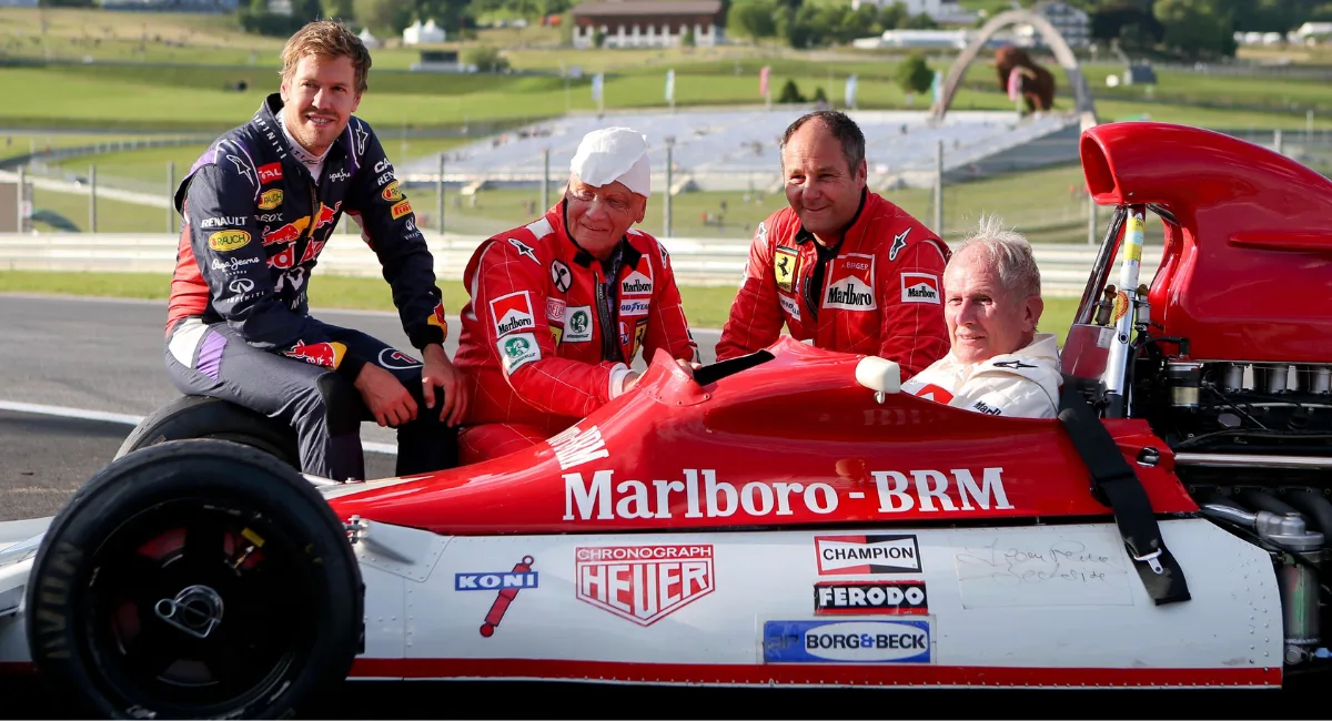 Sebastian Vettel, Niki Lauda, Gherard Berger e Helmut Marko al Gran Premio d'Austria 2014