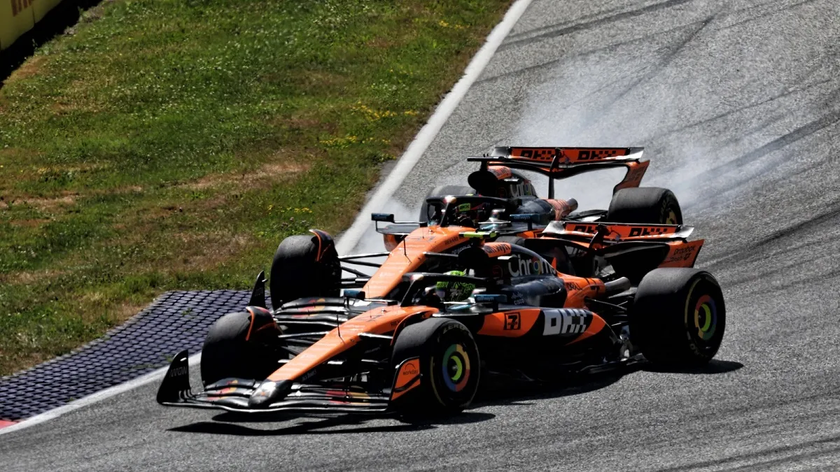 Il momento del quasi contatto fra Norris e Piastri all'11° giro