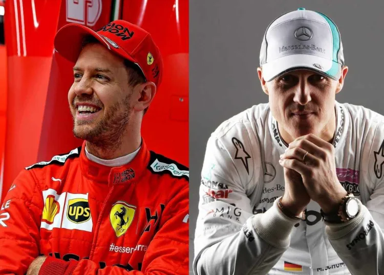 Sebastian Vettel con divisa Ferrari e Michael Schumacher con divisa Mercedes