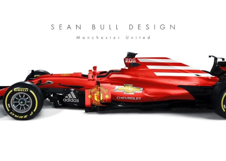 Una monoposto di F1, stilizzata con il rosso del Mancherster United, uguale a quello della Ferrari
