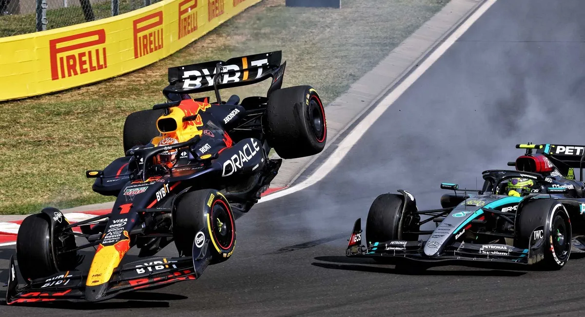 La collisione fra Lewis Hamilton e Max Verstappen al GP d'Ungheria di F1 del 2024